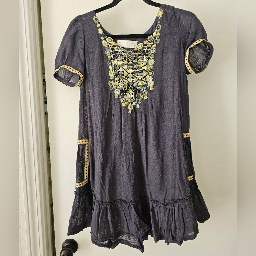 Velvet Gray Embroidered Sheer Dress Boho Festival Spring Pockets Size Small